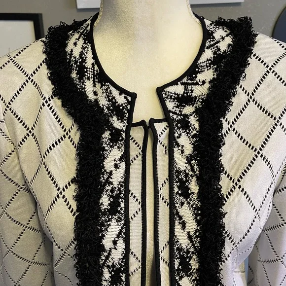 Ming Wang Black and White Diamond Patterned Fringe Jacket S - Picture 6 of 10